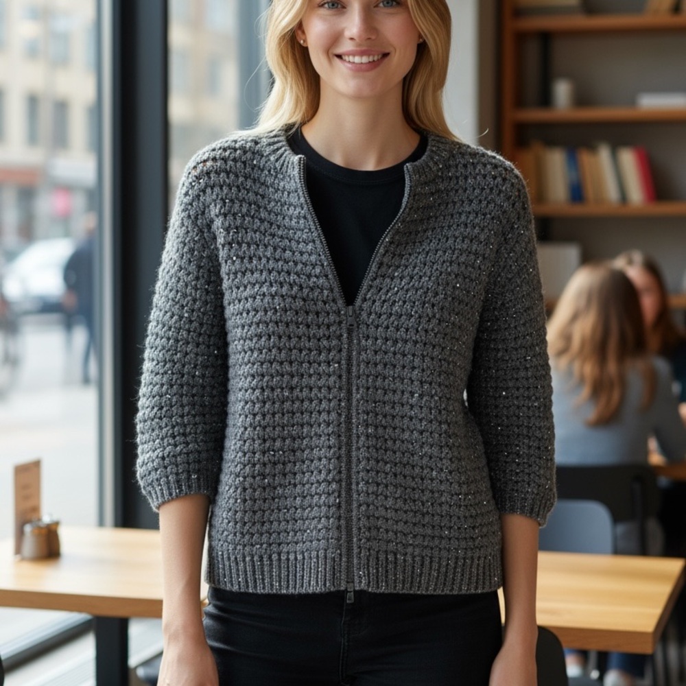 Brunello Cucinelli Knit Cashmere zip front with Sequins Sm- Med charcoal